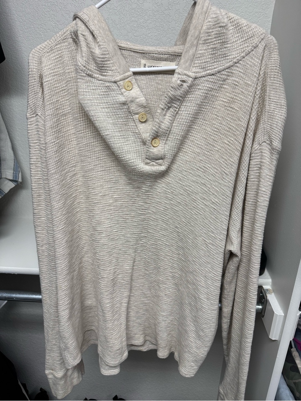 Lucky Brand Light Beige Waffle Knit V-Neck Hoodie